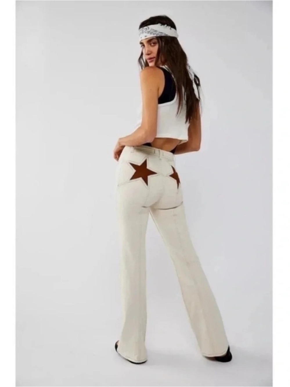 New Free People Firecracker Flare Jeans in Star Patch Cream Suede Brown 32